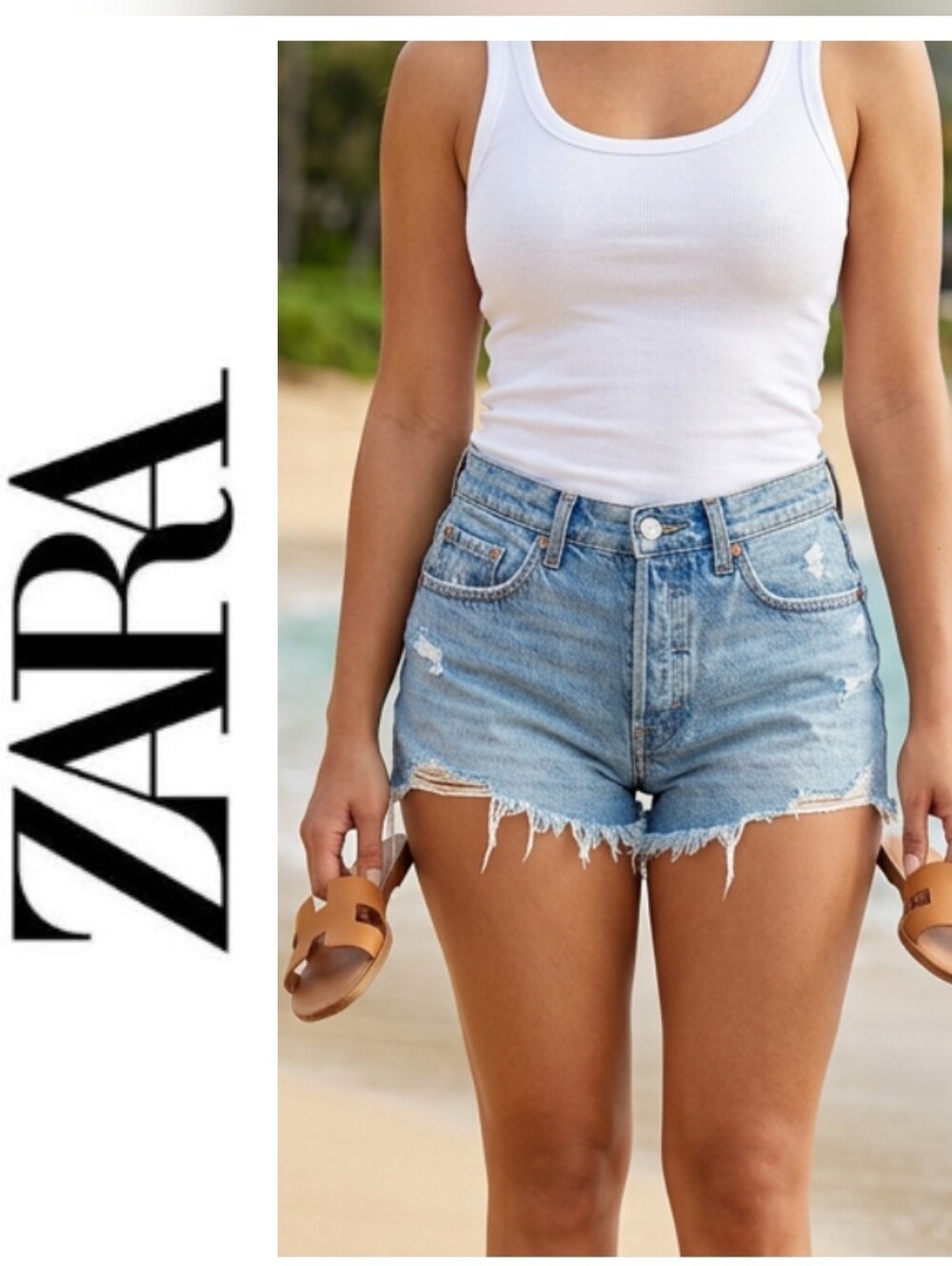 Zara Light Blue Frayed High-Waist Denim Shorts